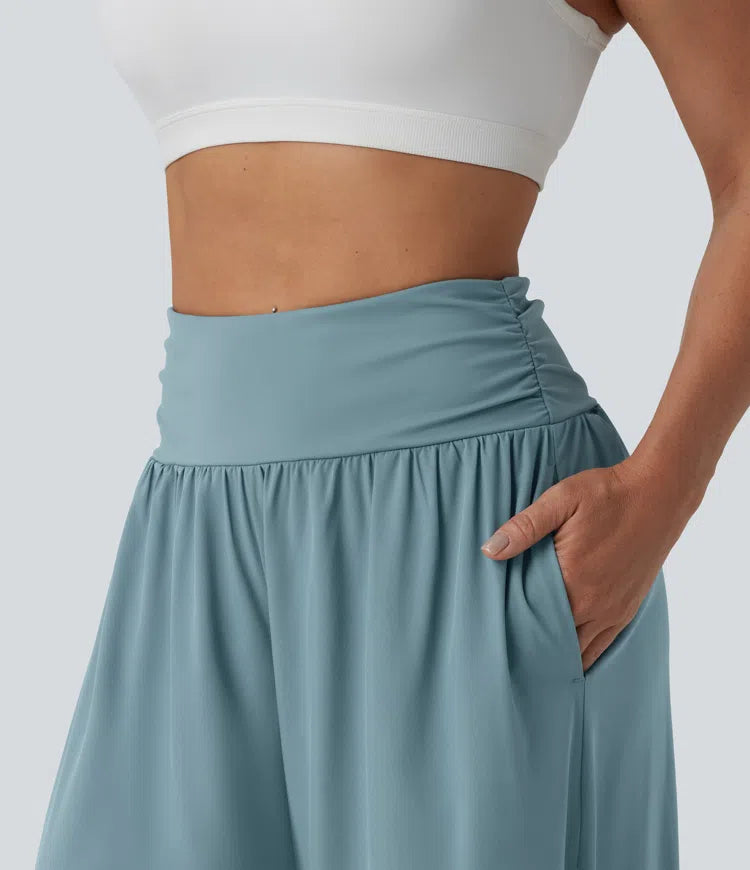 Breezeful High Waisted Ruched Split Quick Dry Resort Flowy Trousers with Pockets