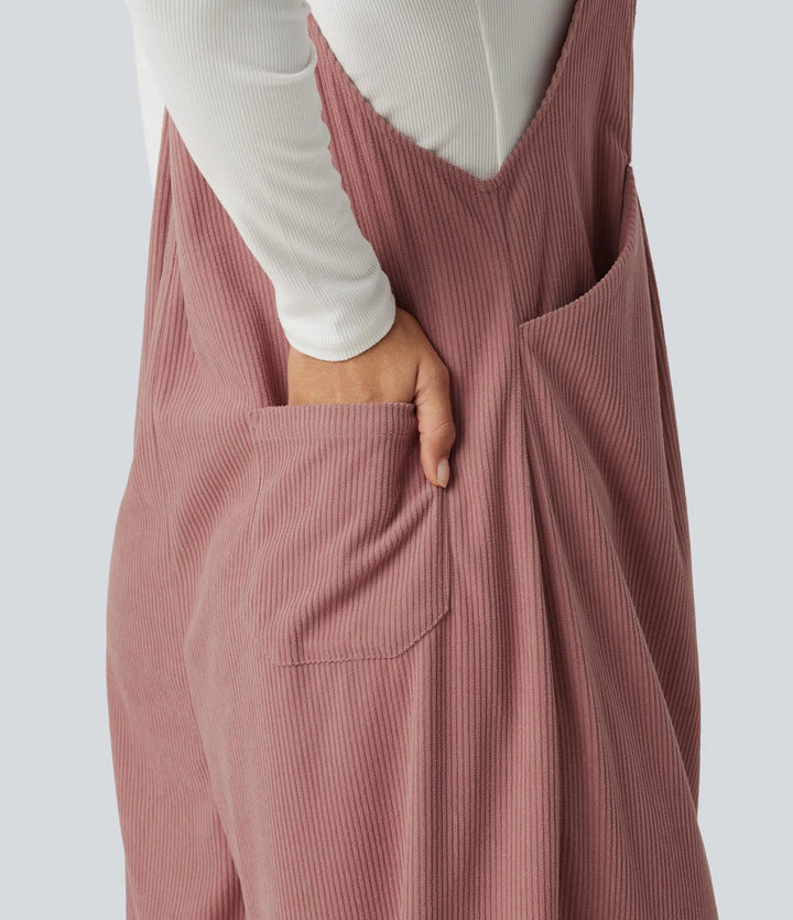 Sleeveless Pleated Corduroy Casual Overalls with Pockets