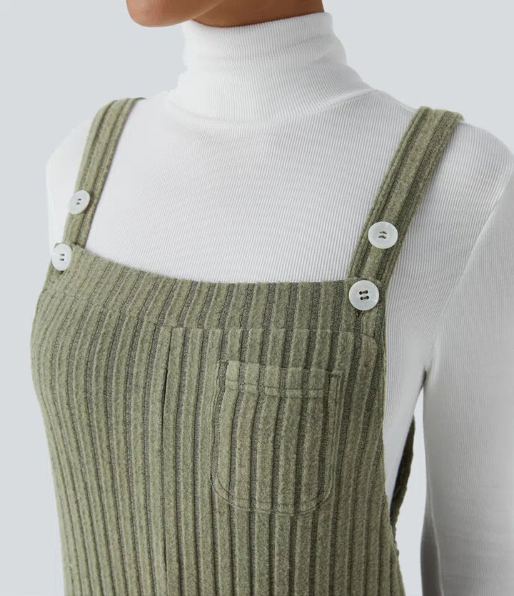 Ribbed Knit Pockets Fleece Casual Dungarees