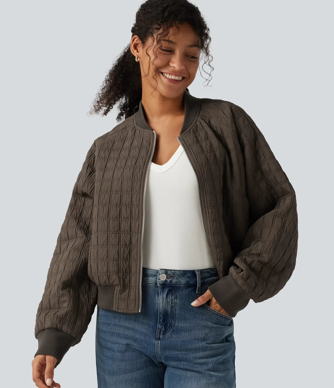 Stand Collar Long Sleeve Casual Bomber Jacket with Pockets