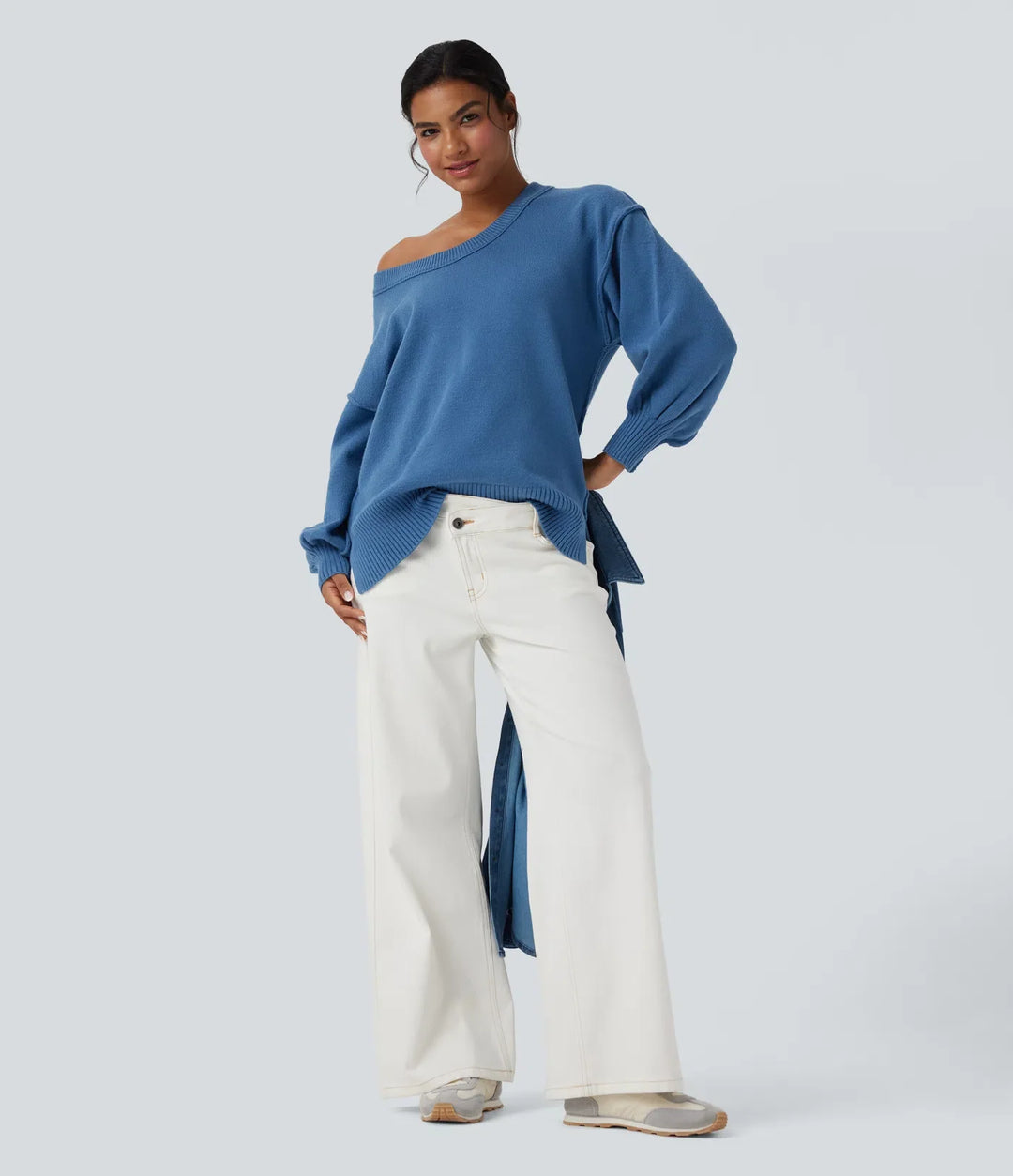 V Neck Dropped Shoulder Long Sleeve Split Casual Jumper