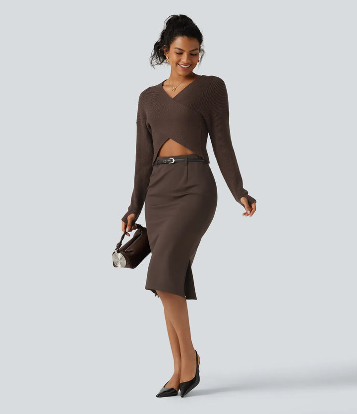 V Neck Crossover Batwing Long Sleeve Thumb Hole Casual Jumper