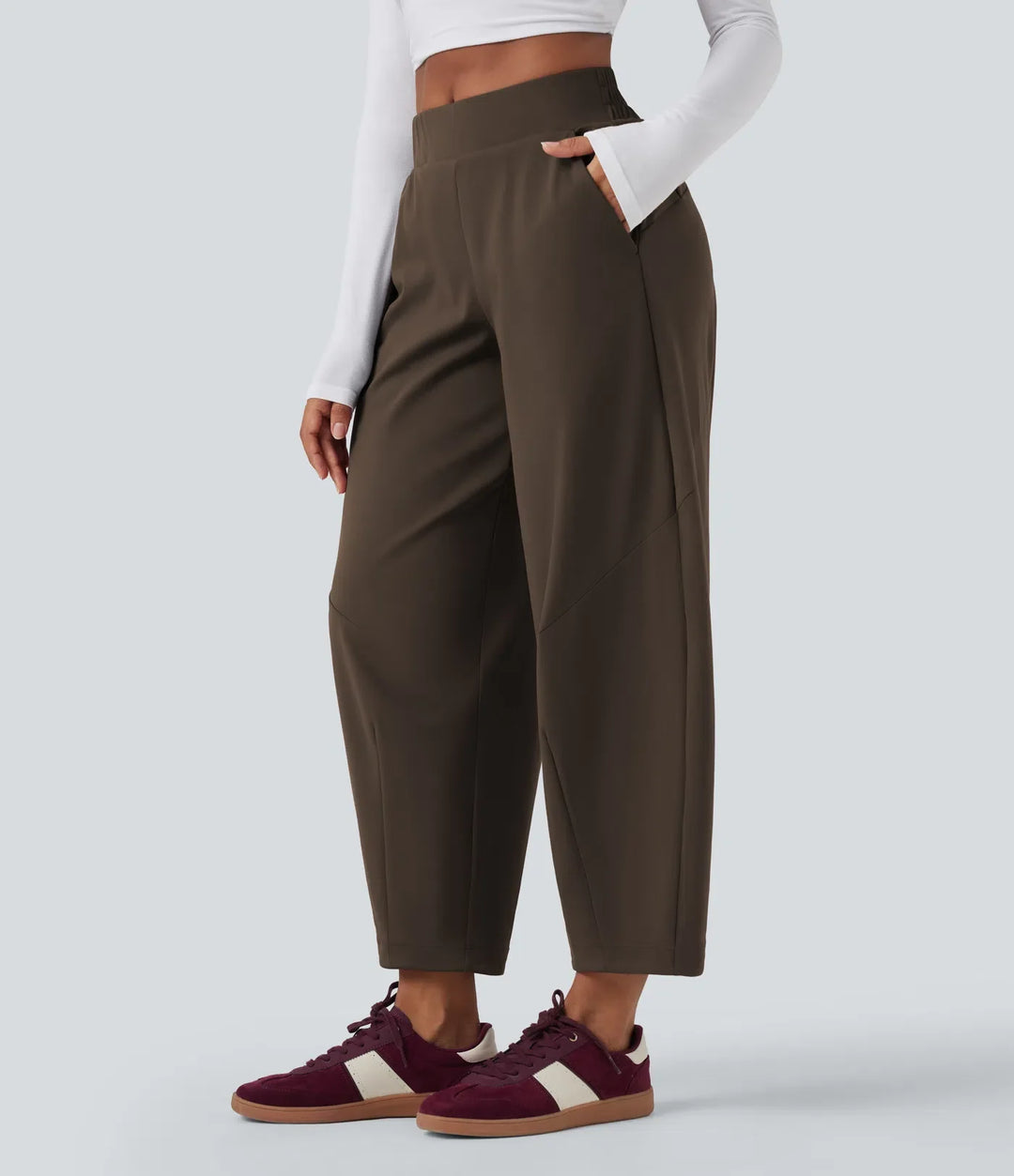 DayStretch Mid Rise Casual Barrel Leg Baggy 7/8 Trousers with Pockets