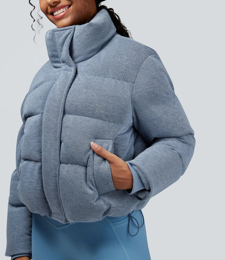 High Neck Drawstring Hem Sparkle Casual Puffer Jacket with Pockets