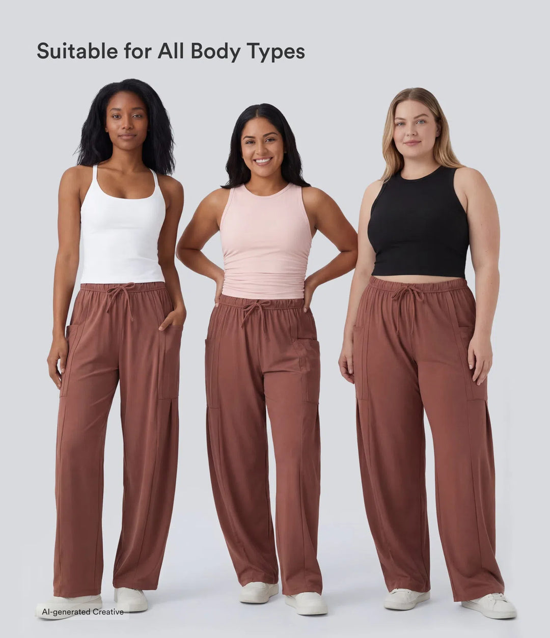 Mid Rise Elastic Waistband Drawstring Side Pocket Palazzo Flowy Wide Leg Casual Trousers