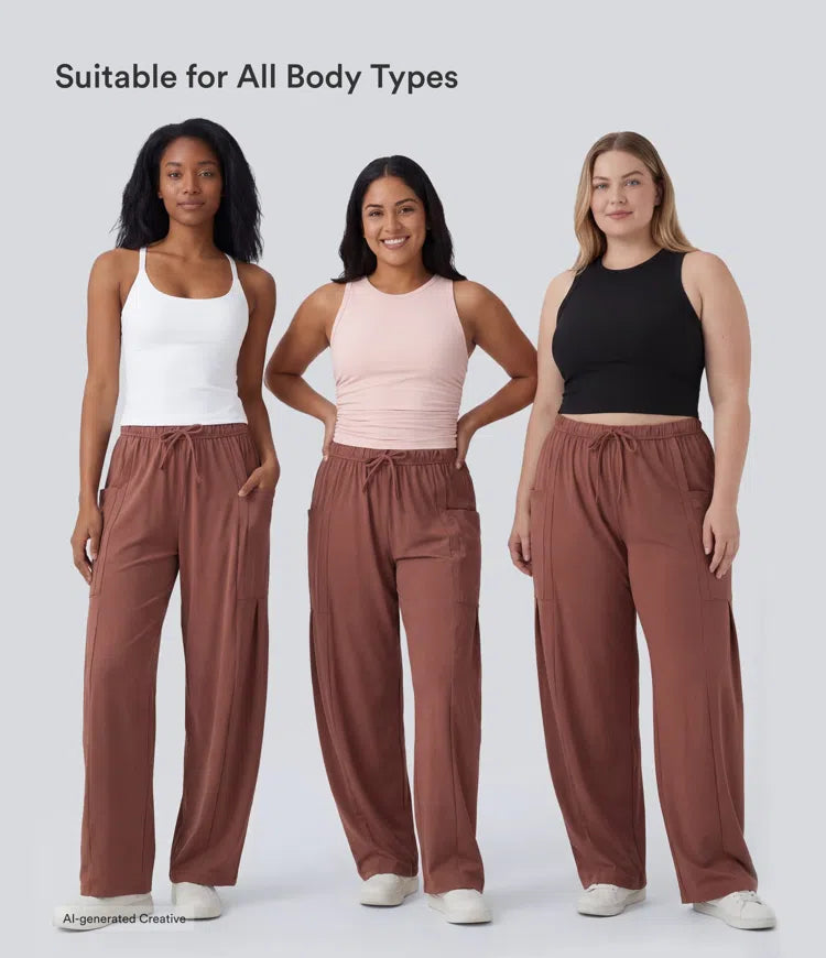 Mid Rise Elastic Waistband Drawstring Side Pocket Palazzo Flowy Wide Leg Casual Trousers