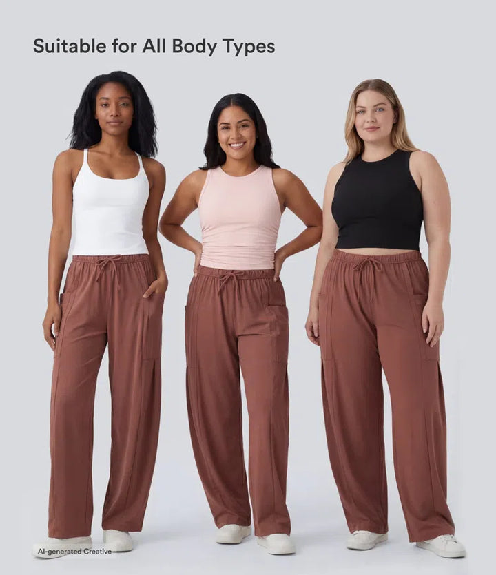 Mid Rise Elastic Waistband Drawstring Side Pocket Palazzo Flowy Wide Leg Casual Trousers