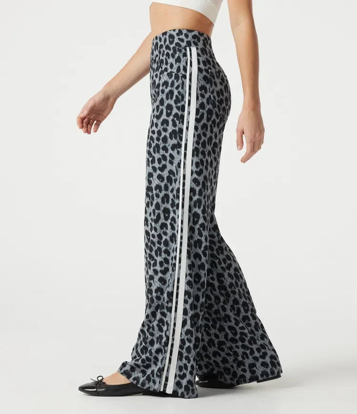 High Waisted Baggy Color Block Leopard Print Waffle Casual Trousers with Pockets