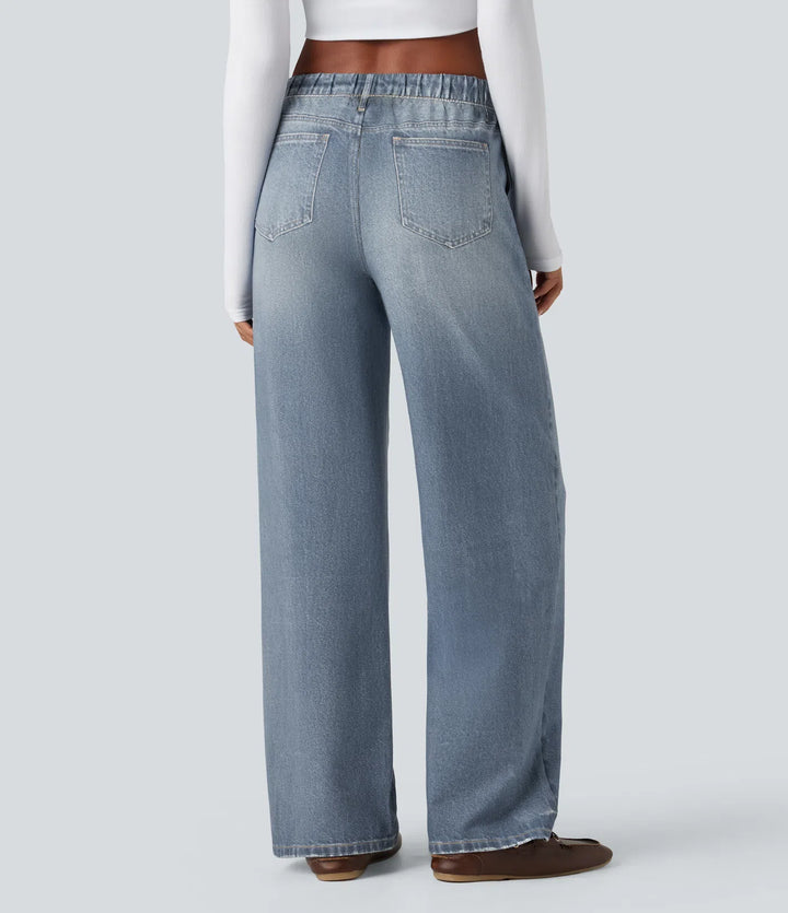 Mid Rise Denim Print French Terry Casual Sweattrousers Jeans with Pockets