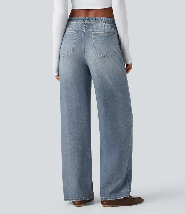 Mid Rise Denim Print French Terry Casual Sweattrousers Jeans with Pockets