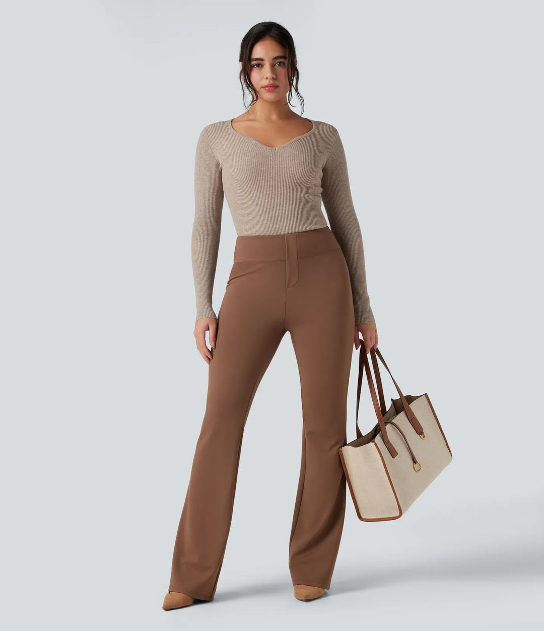 Ribbed Knit Sweetheart Neck Long Sleeve Work Jumper