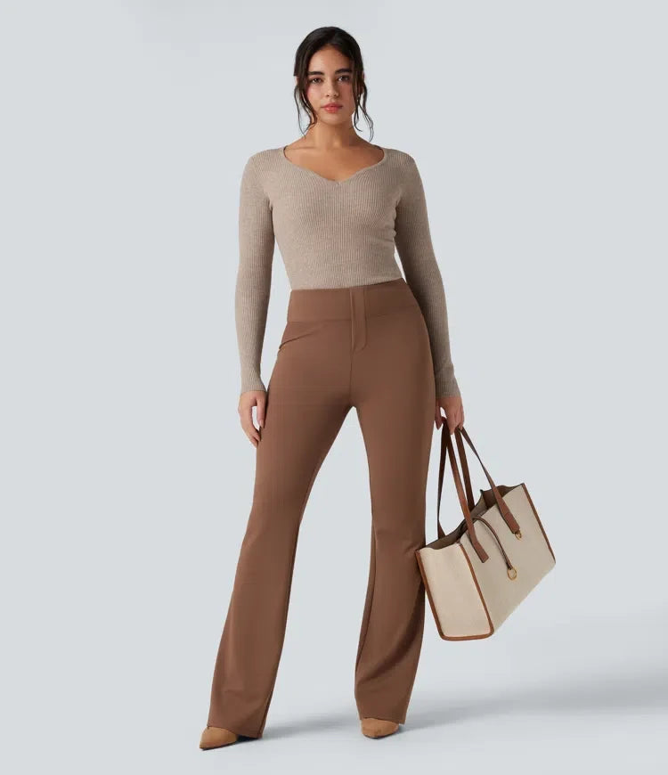 Ribbed Knit Sweetheart Neck Long Sleeve Work Jumper