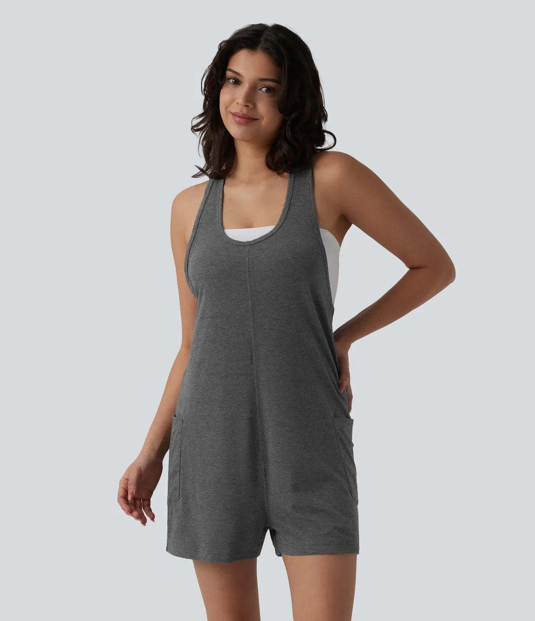 U Neck Heathered Casual Romper with Pockets
