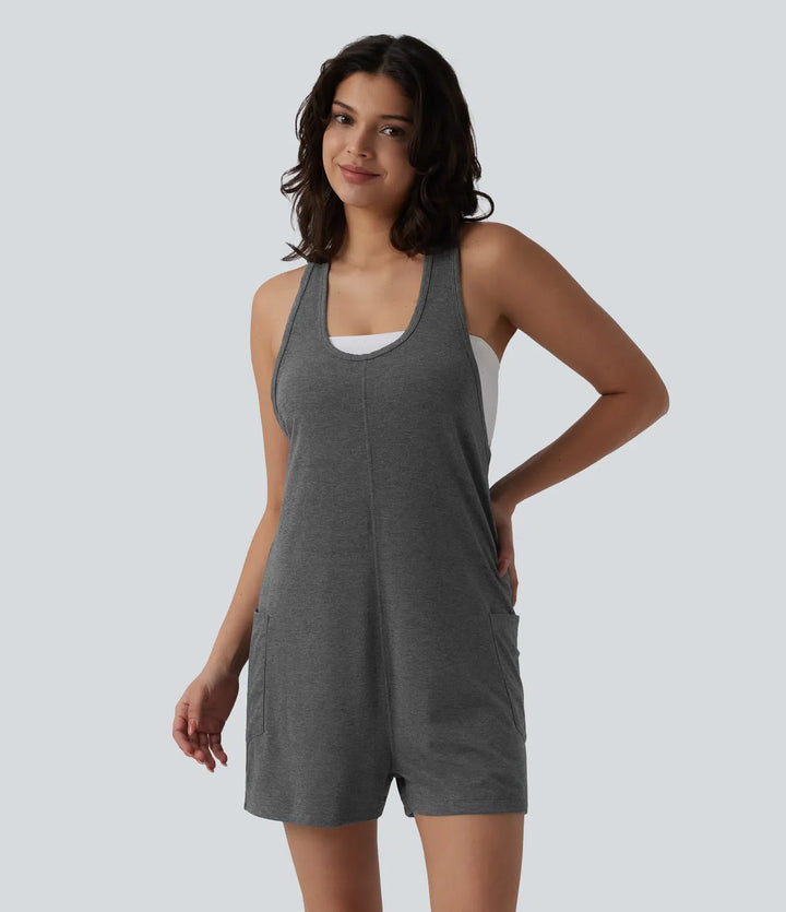 U Neck Heathered Casual Romper with Pockets