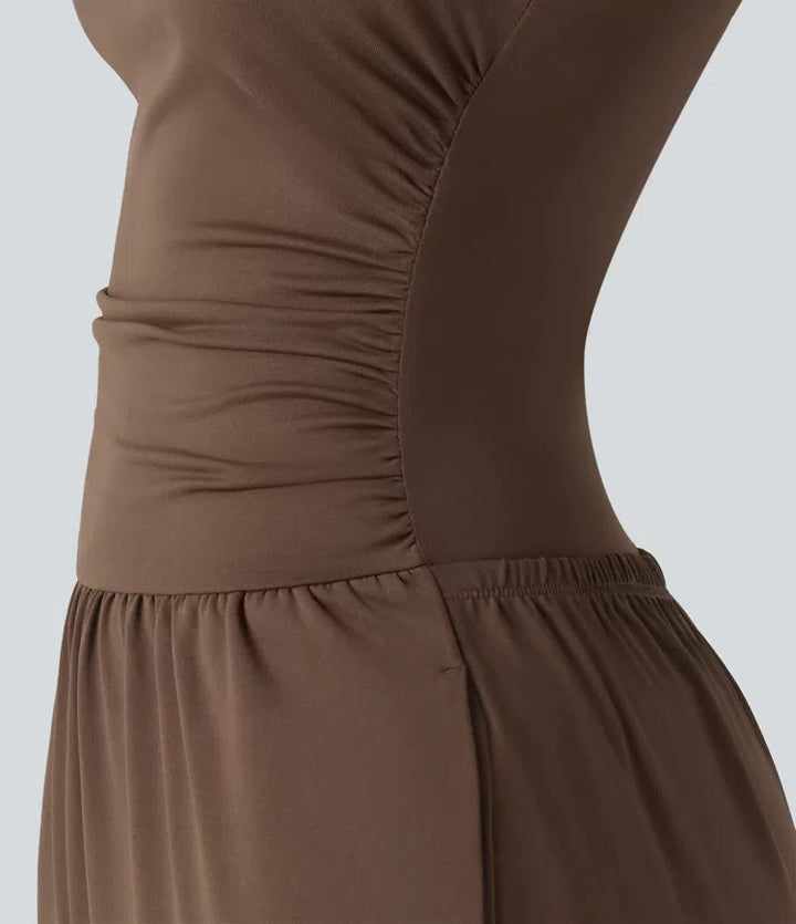 Boat Neck Sleeveless Ruched Wide Leg Casual Dungarees with Pockets-Easy Peezy Edition
