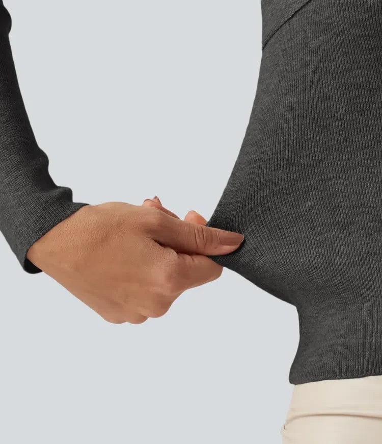 V Neck Long Sleeve Crossover Thumb Hole Casual Jumper