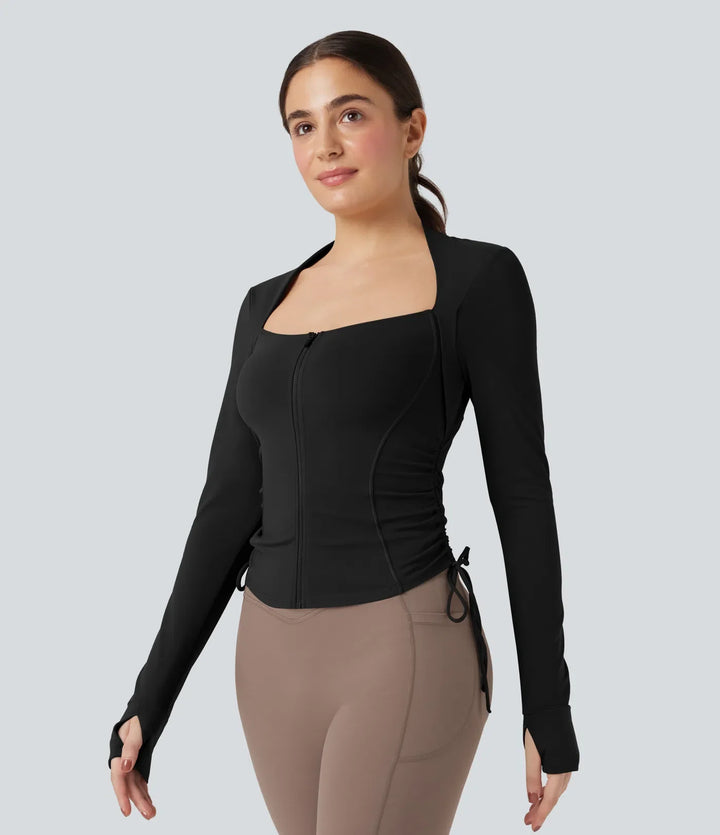 SoftlyZero Plush Long Sleeve Thumb Hole Drawstring Yoga Jacket