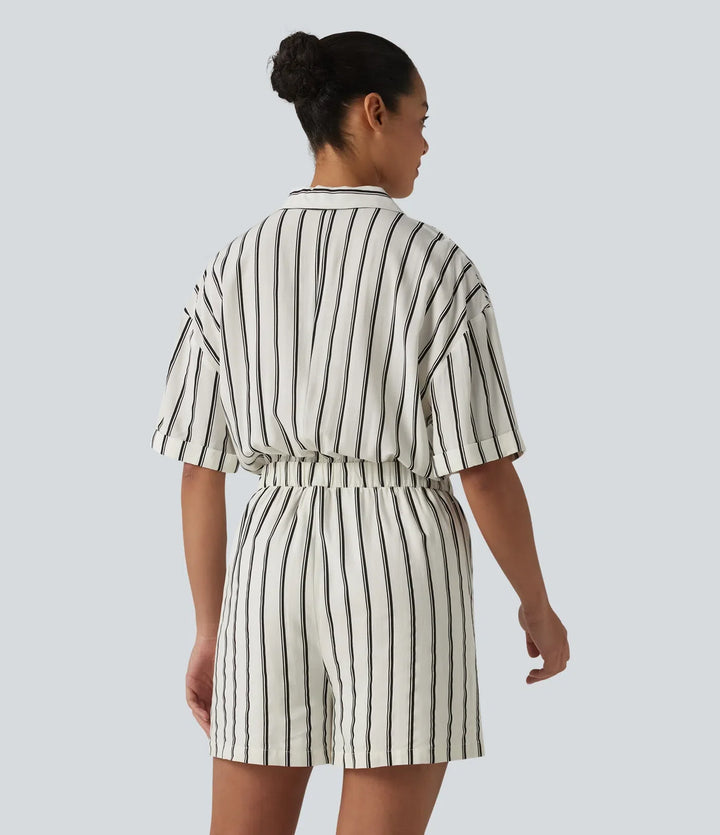 Short Sleeve Stripe Casual Shirt Romper with Pockets