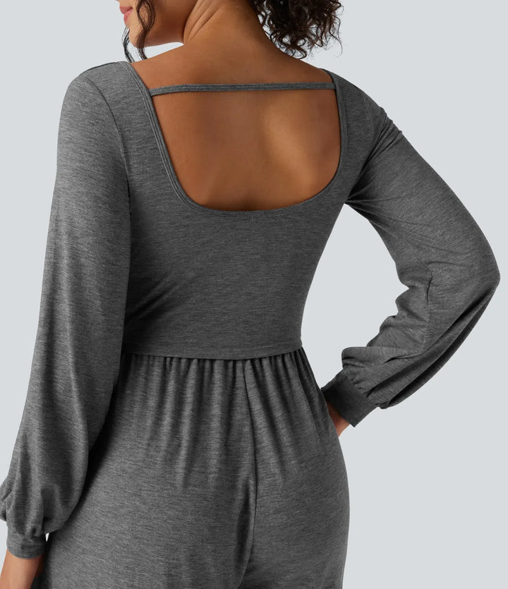 Scoop Neck Backless Long Sleeve Heathered Casual Wide Leg Jumpsuit with Pockets-Easy Peezy