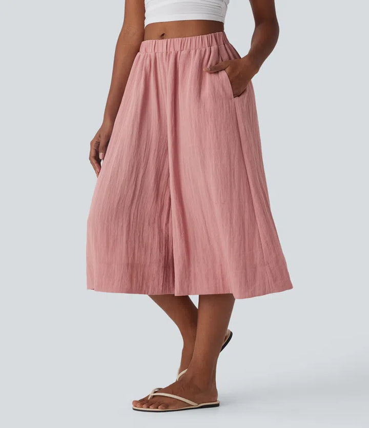 Mid Rise Wide Leg Flowy Linen-Feel Trousers with Pocket