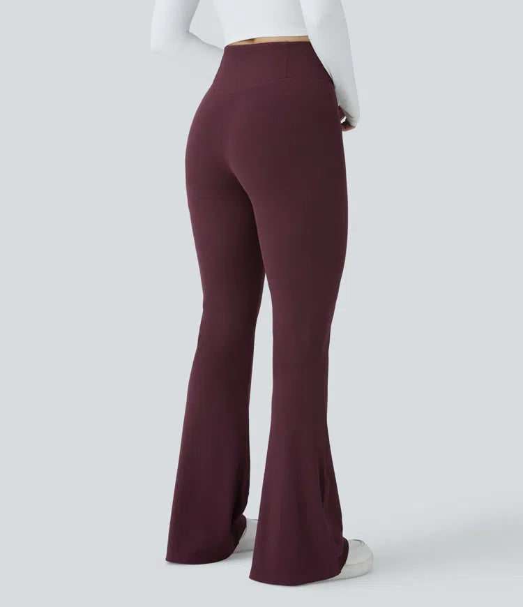 Crossover High Waisted Pocket Waffle Casual Flared Trousers