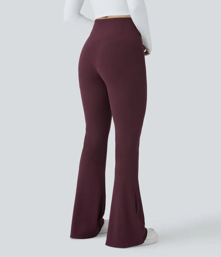 Crossover High Waisted Pocket Waffle Casual Flared Trousers