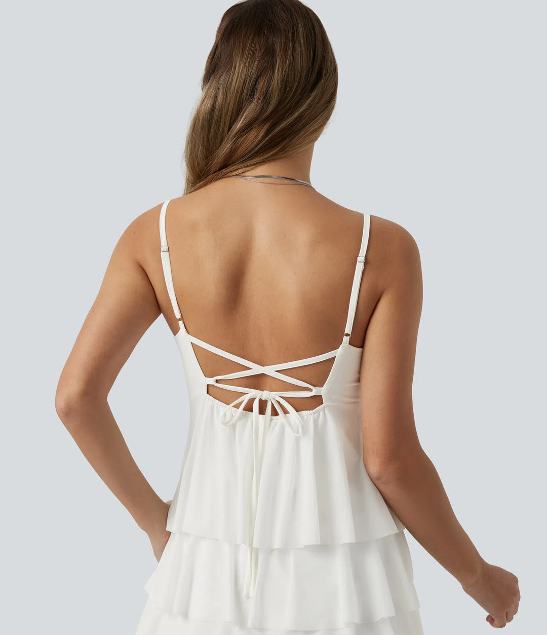 Crisscross Backless Mesh Overlay Built-in Bra Mini Casual Tiered Slip Dress with Pockets