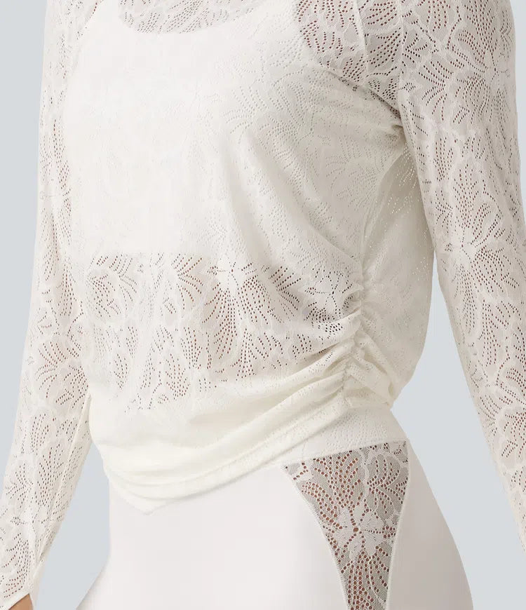 Cut Out Long Sleeve Thumb Hole Ruched Lace Yoga Sports Top