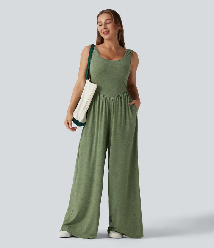 U Neck Wide Leg Casual Jumpsuit with Pockets-Easy Peezy Edition