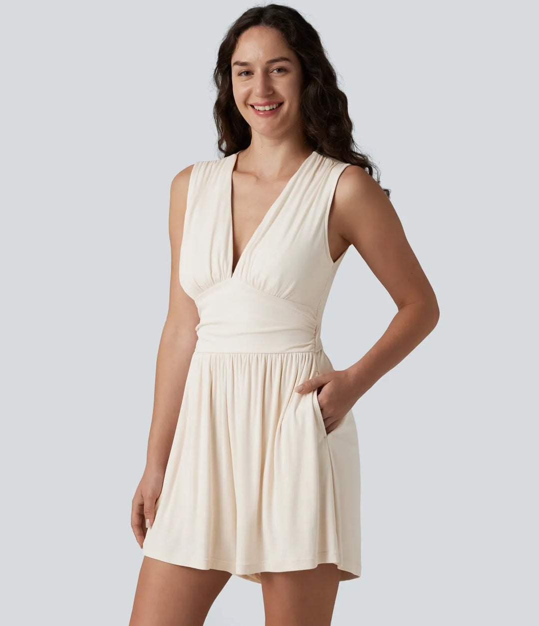 Ribbed V-neck Sleeveless Ruched Built-in Bra 2-in-1 Casual Romper with Pockets-Easy Peezy