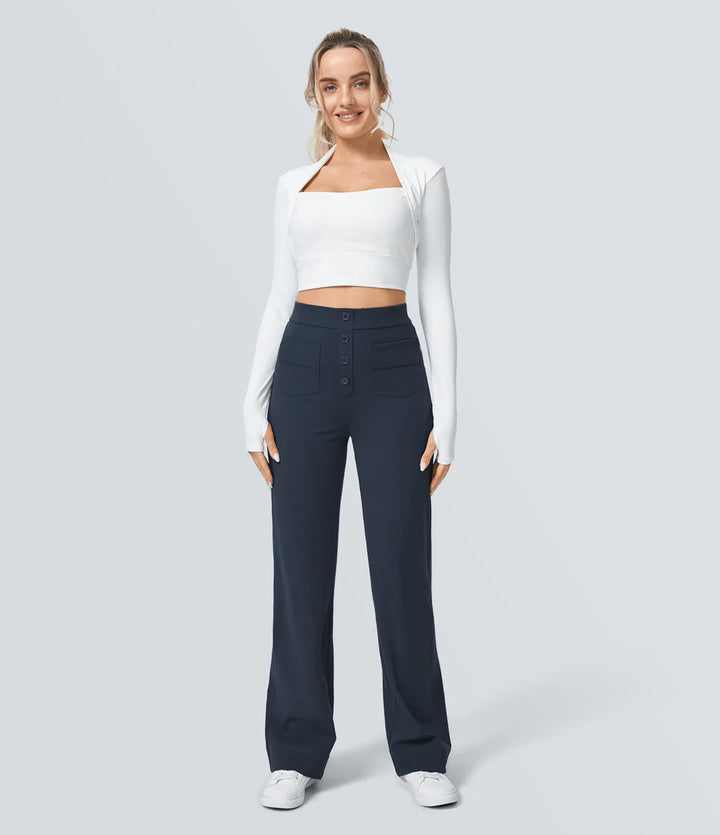 DayStretch High Waisted Pockets Straight Leg Casual Trousers