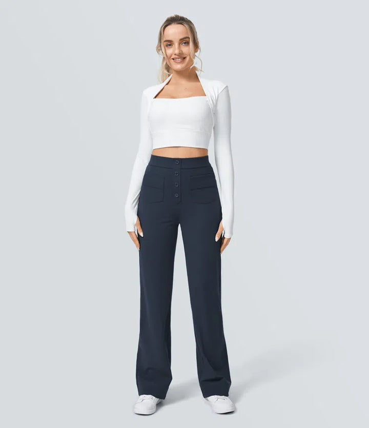 DayStretch High Waisted Pockets Straight Leg Casual Trousers