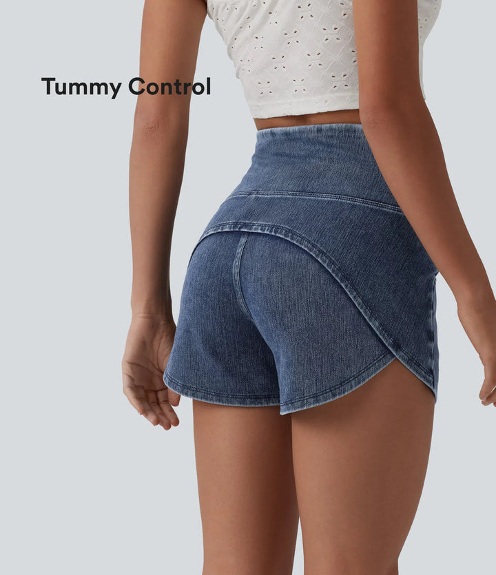 Halara Flex High Waisted Tummy Control Curved Hem Skinny Denim Casual Shorts with Pockets