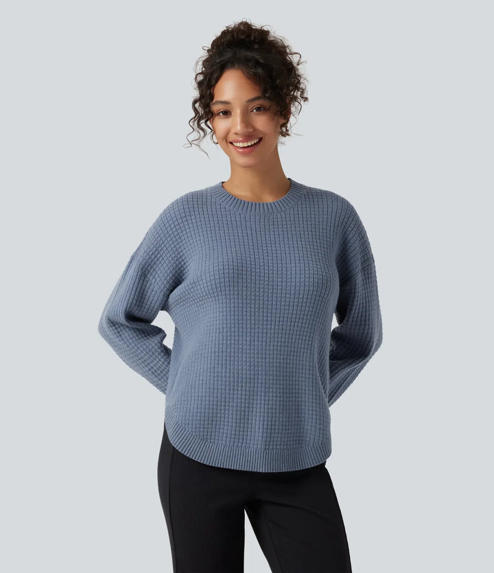 Round Neck Long Sleeve Curved Hem Work Jumper