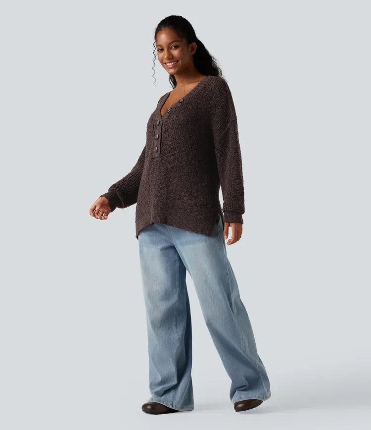 V Neck Long Sleeve High Low Casual Jumper