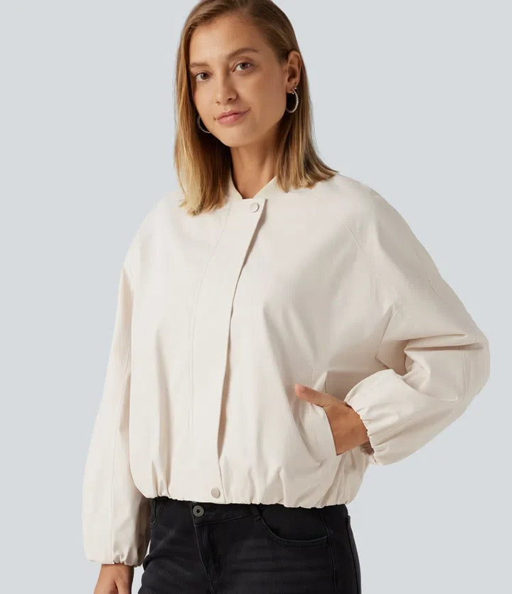 Round Neck Long Sleeve Casual Bomber Jacket with Pockets
