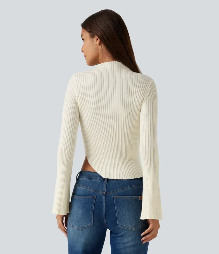 Ribbed Knit Stand Collar Flounce Sleeves Asymmetric Hem Slim Work Jumper