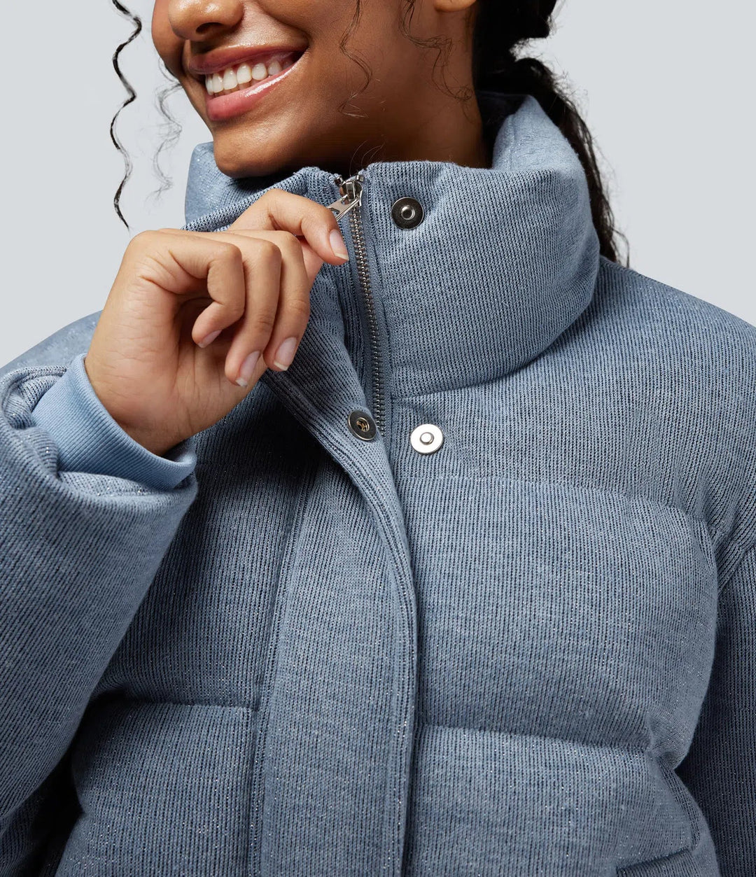High Neck Drawstring Hem Sparkle Casual Puffer Jacket with Pockets