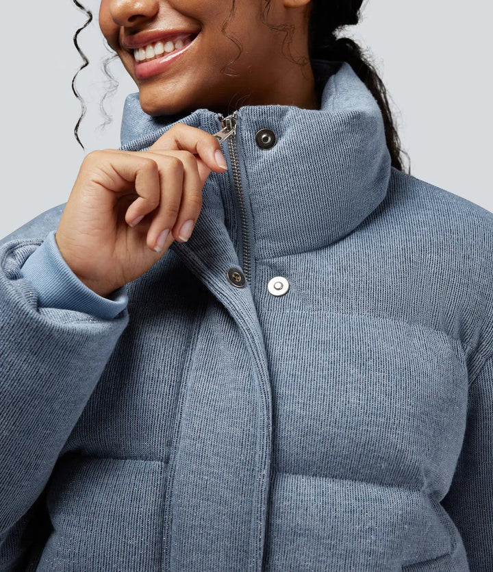 High Neck Drawstring Hem Sparkle Casual Puffer Jacket with Pockets