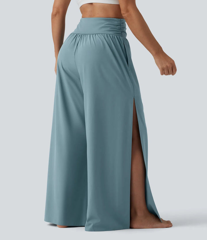 Breezeful High Waisted Ruched Split Quick Dry Resort Flowy Trousers with Pockets