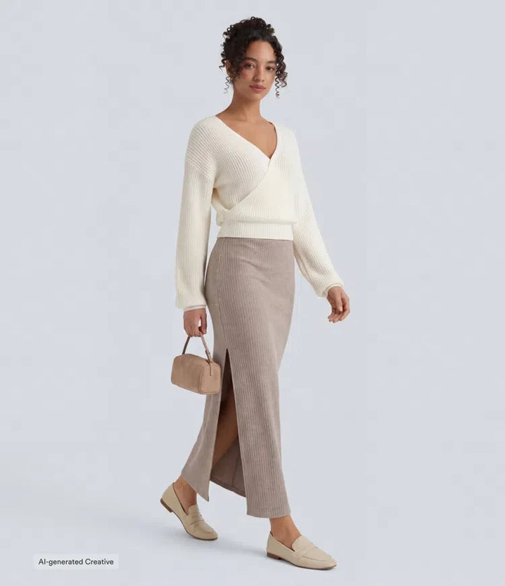 Ribbed High Waisted Hem A Line Maxi Casual Skirt