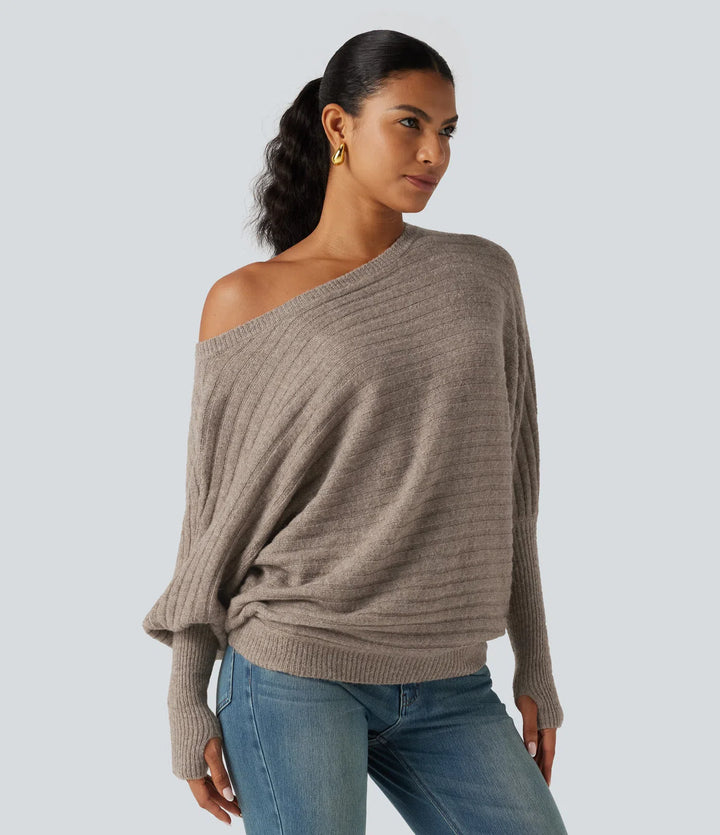 Boat Neck Batwing Long Sleeve Thumb Hole Casual Wool-Blend Jumper