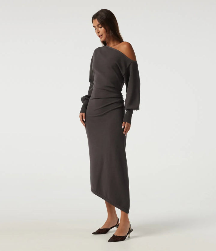 One Shoulder Puff Long Sleeve Asymmetric Work Midi Jumper Dress