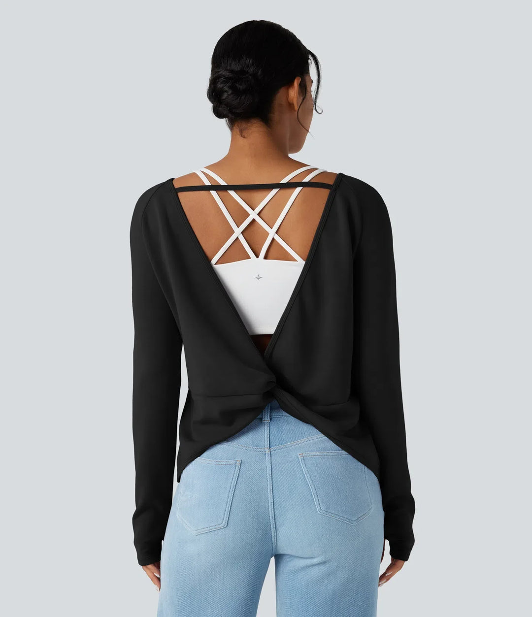 SpacerTek Backless Twisted Long Sleeve Thumb Holes Casual Sweatshirt with Pockets