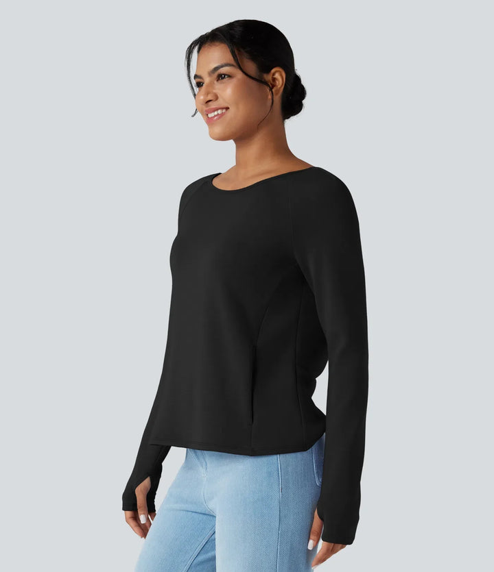 SpacerTek Backless Twisted Long Sleeve Thumb Holes Casual Sweatshirt with Pockets