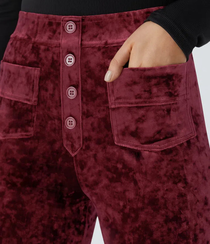 High Waisted Pockets Straight Leg Velvet Casual Trousers