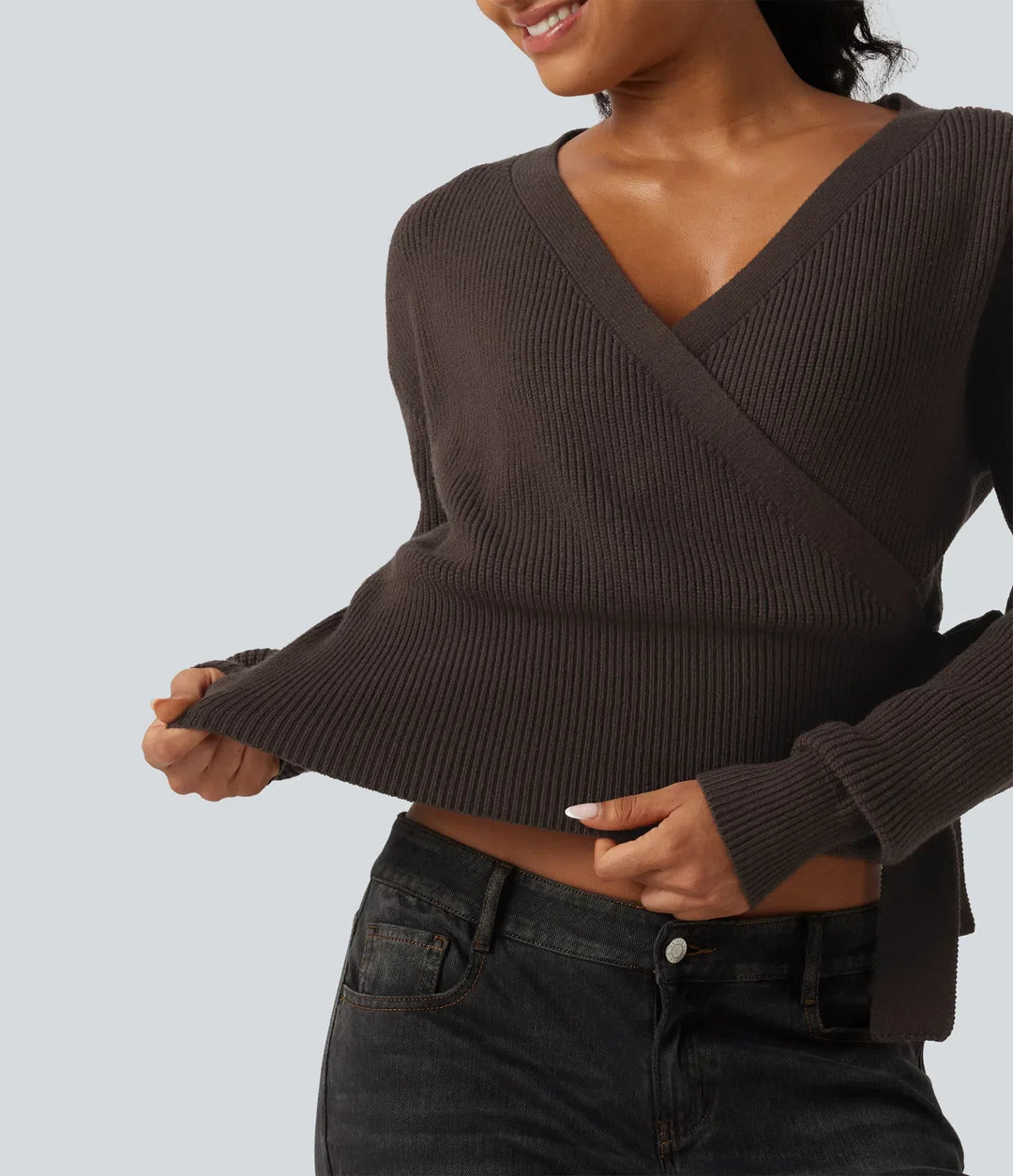 V Neck Long Sleeve Tie Side Work Jumper