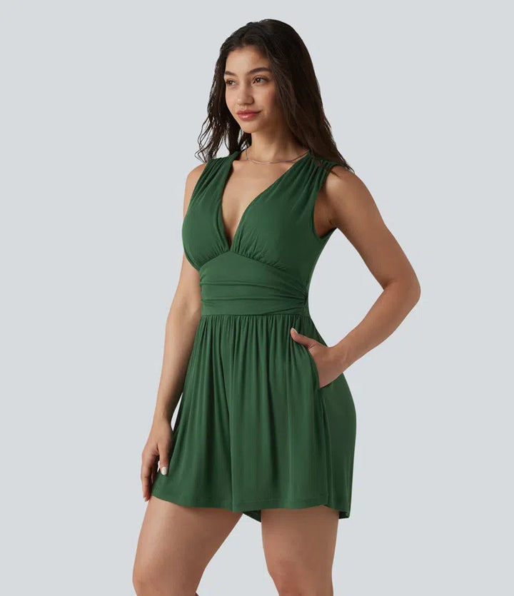 Ribbed V-neck Sleeveless Ruched Built-in Bra Casual Playsuit with Pockets-Easy Peezy