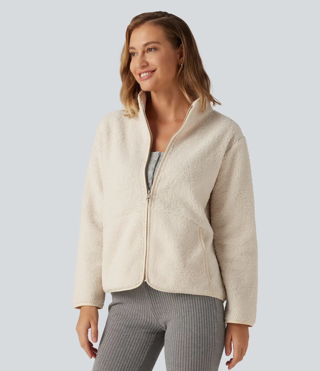 Long Sleeve Casual Sherpa Jacket with Pockets