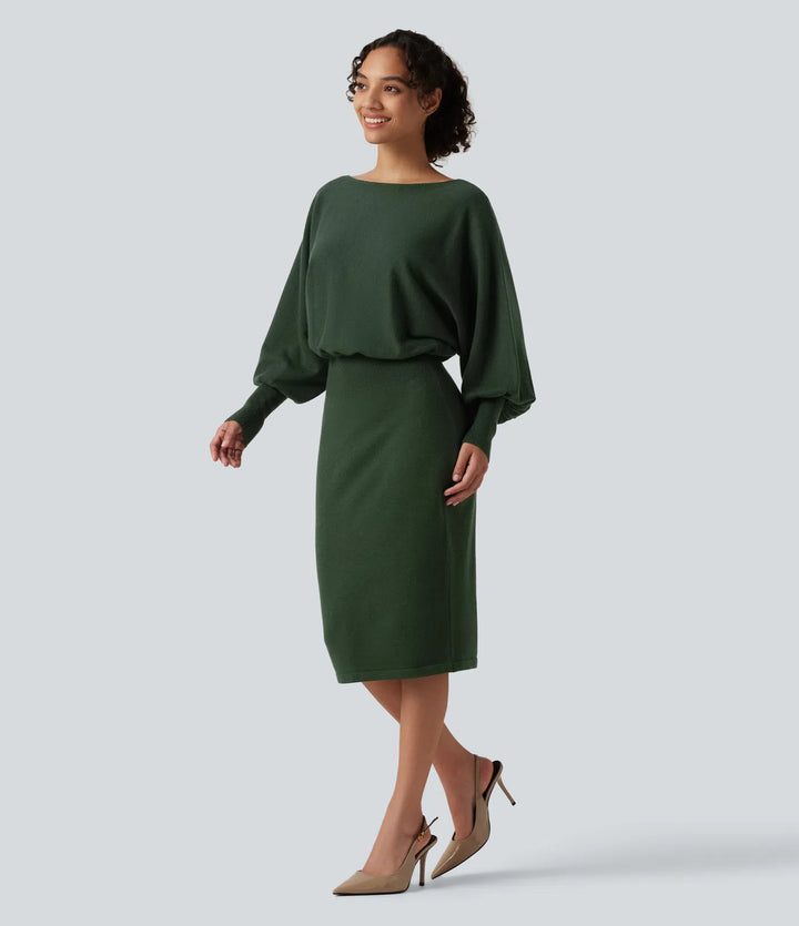 Boat Neck Puff Long Sleeve Work Jumper Dress